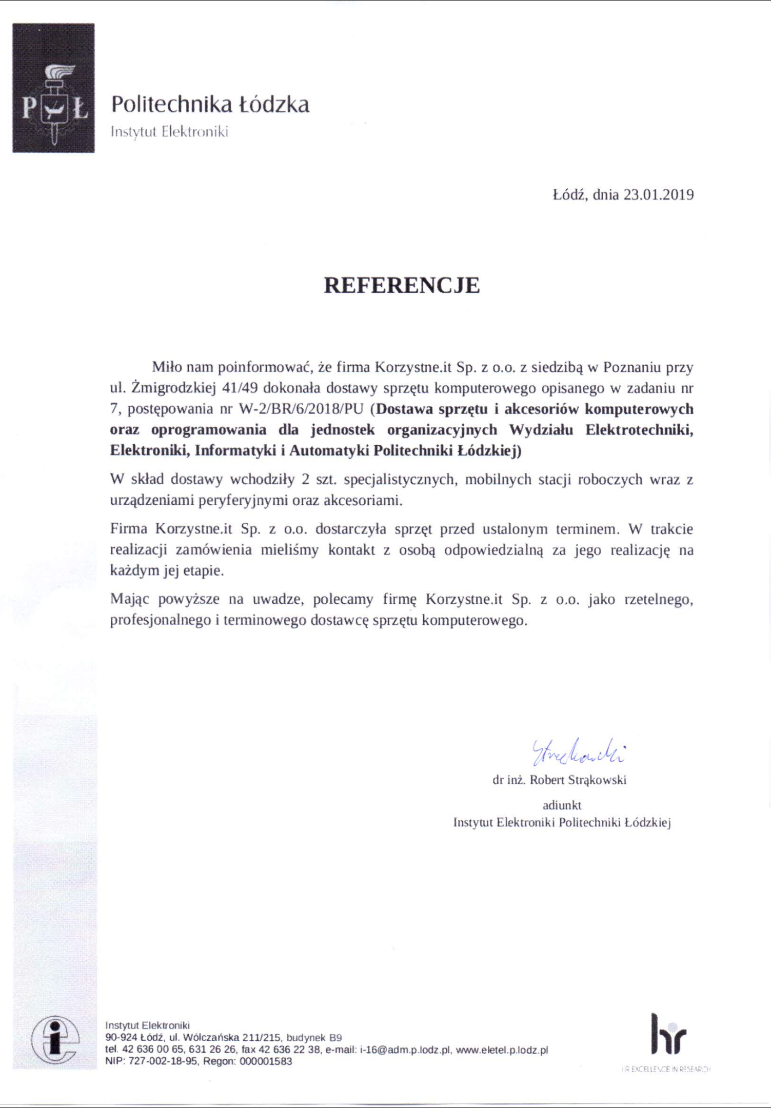 Refrencje Korzystne.IT od Politechniki Łódzkiej